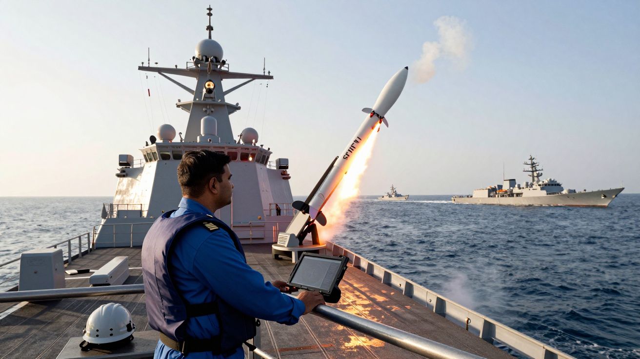 Militar numa embarcação naval a operar o lançamento de um míssil enquanto outro navio está ao longe no mar.