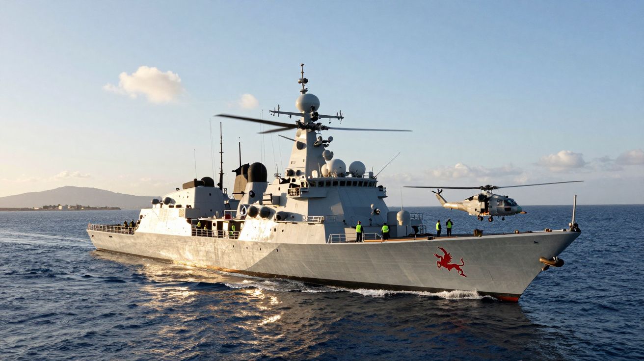 Fragata militar a navegar no mar com helicóptero prestes a descolar ou aterrar na sua proa, sob céu limpo.