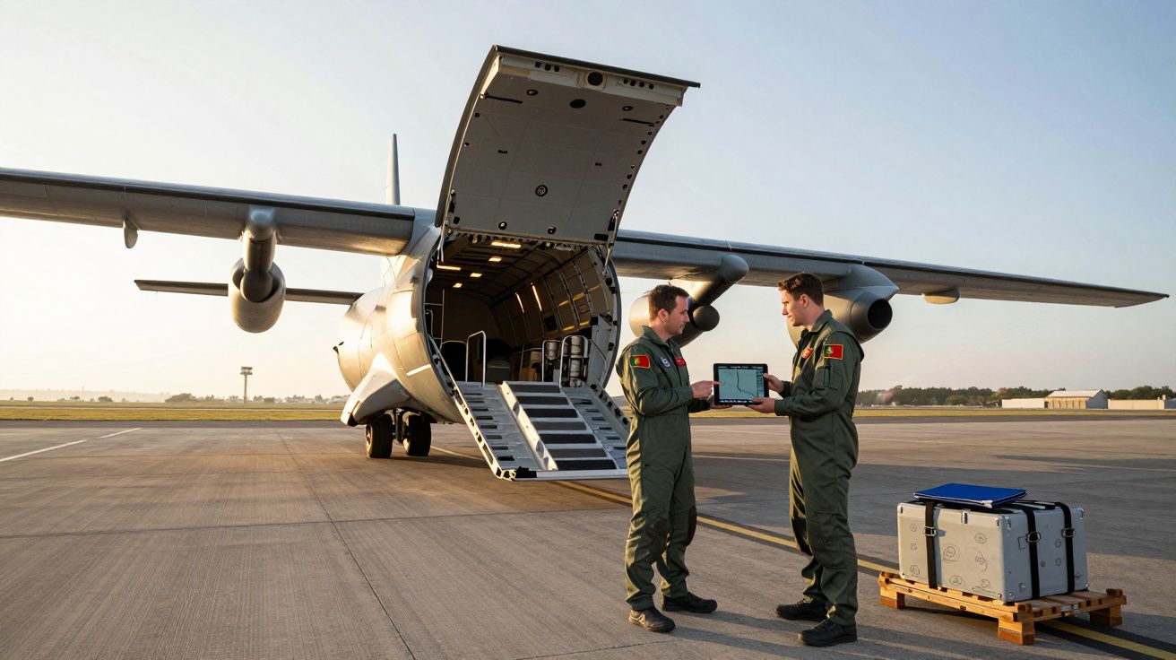 Dois pilotos em uniforme militar discutem em frente a avião de carga com porta traseira aberta numa pista de aeroporto.