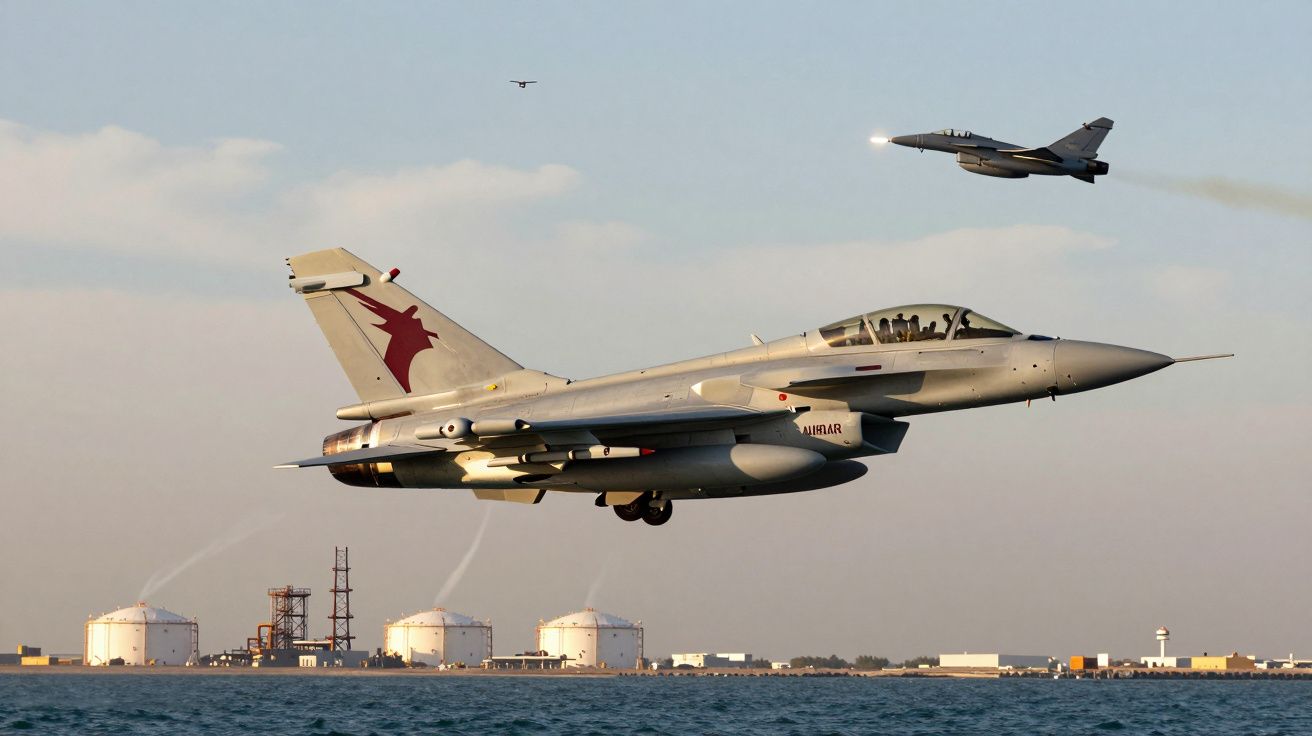 Dois caças militares a voar sobre uma zona industrial perto da água ao entardecer.