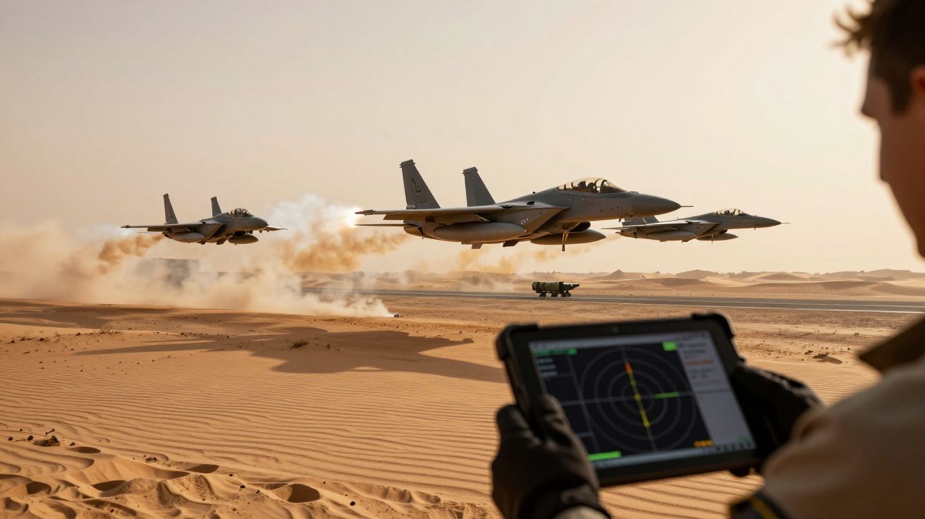 Três caças a voar quase ao nível do solo num deserto, com pessoa a controlar radar num tablet.