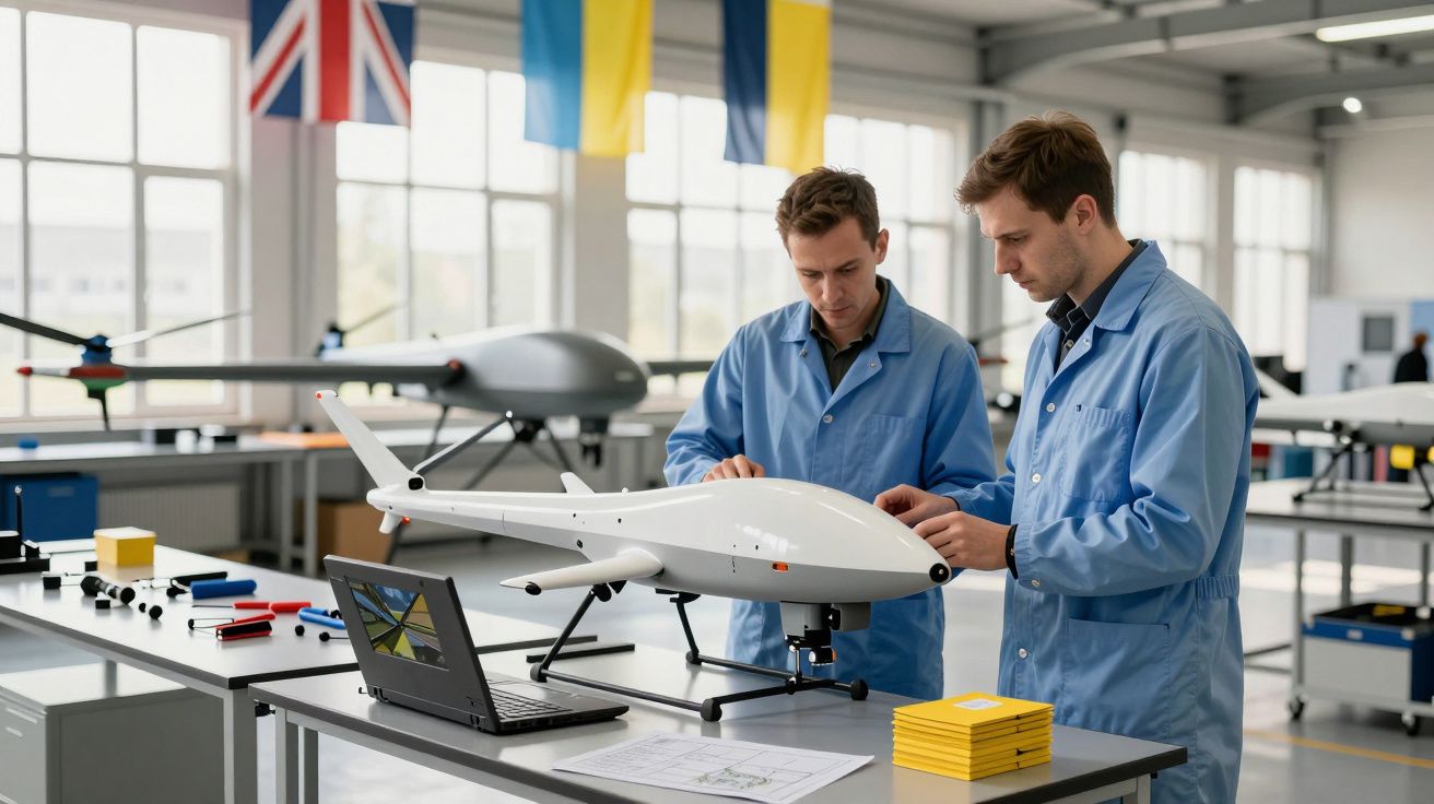 Dois engenheiros em batas azuis trabalham em drone branco numa oficina com bandeiras e portátil.