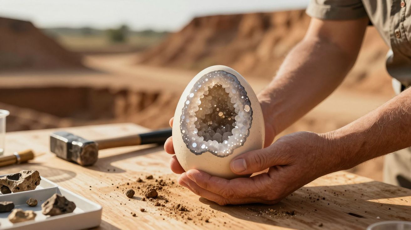 Mãos a segurar um ovo com interior de cristal numa mesa de madeira ao ar livre, com ferramentas e terra.