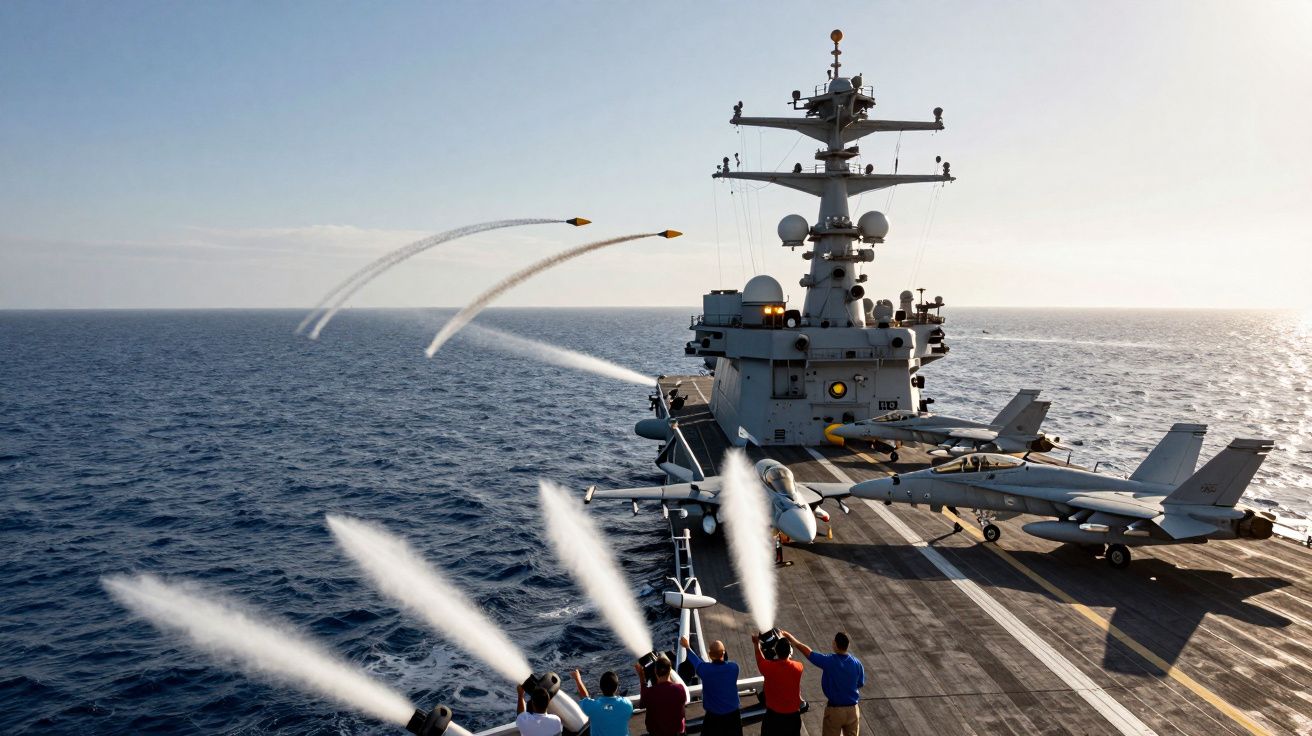 Pessoas a acenar com bandeiras num porta-aviões, enquanto dois aviões descolam sobre o mar calmo.