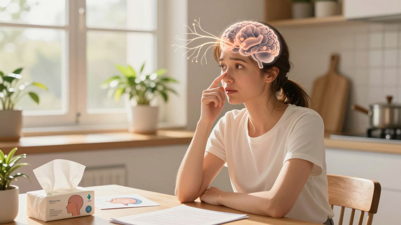 Mulher pensativa sentada à mesa com ilustração digital do cérebro a fluir para fora da sua cabeça.
