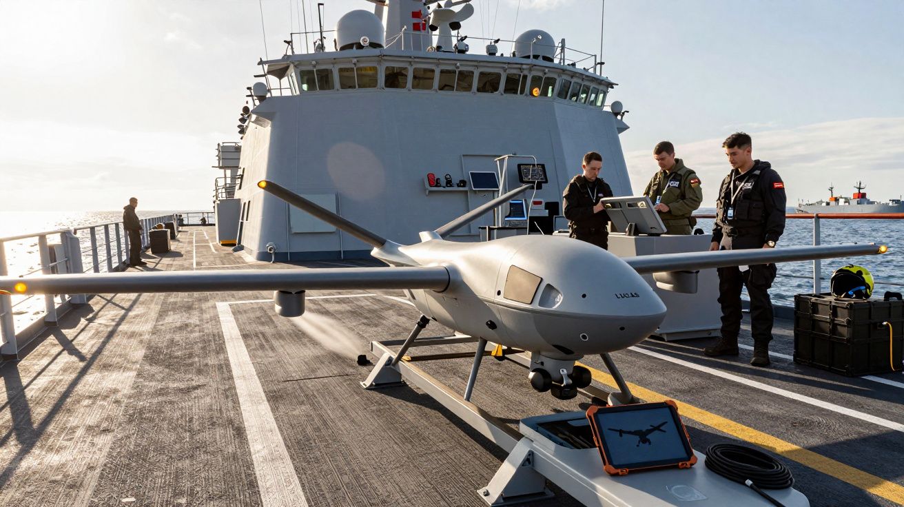 Dron militar sobre plataforma de lançamento em navio, com três militares a operar equipamento ao fundo.