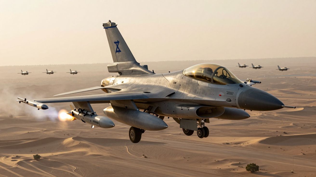 Caça F-16 israelita em voo baixo no deserto com caças em formação ao fundo ao pôr do sol.