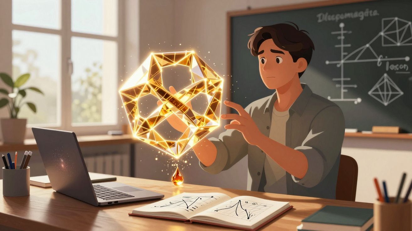 Estudante a analisar forma geométrica luminosa em holograma na secretária com livros e portátil.