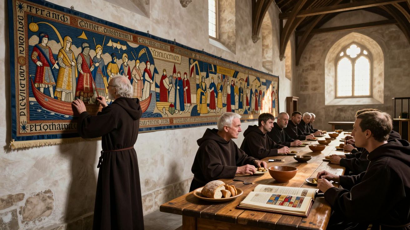 Monjes comendo à mesa numa sala antiga, um homem está a pintar um mural colorido na parede.