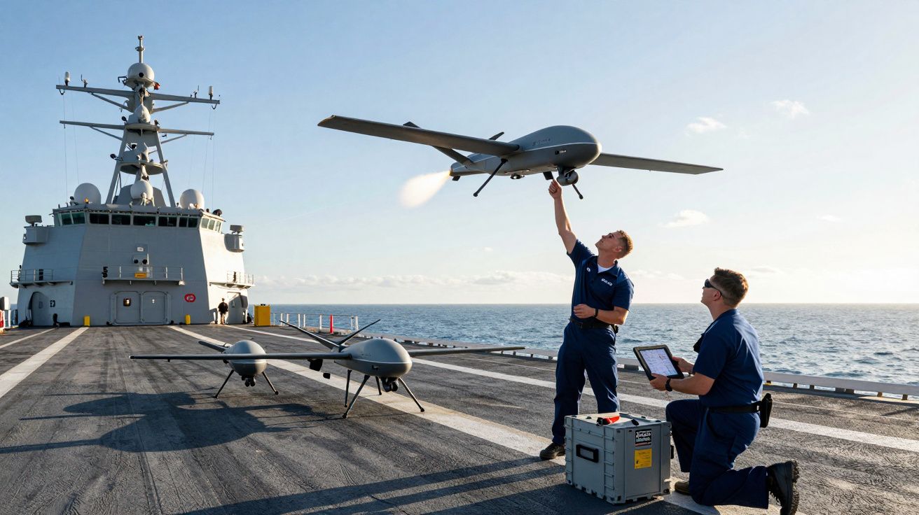 Dois militares no convés de navio lançam e preparam drones para voo sobre oceano calmo ao pôr do sol.