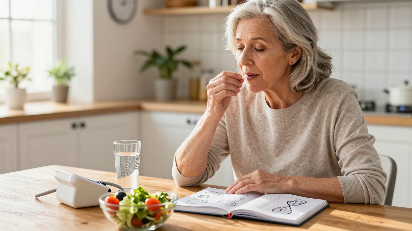 Mulher idosa a tomar comprimido sentada à mesa com copo de água, salada e livro aberto na cozinha.