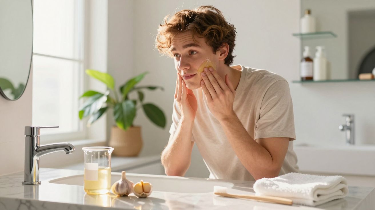 Homem aplica creme no rosto à frente de espelho numa casa de banho clara e moderna.