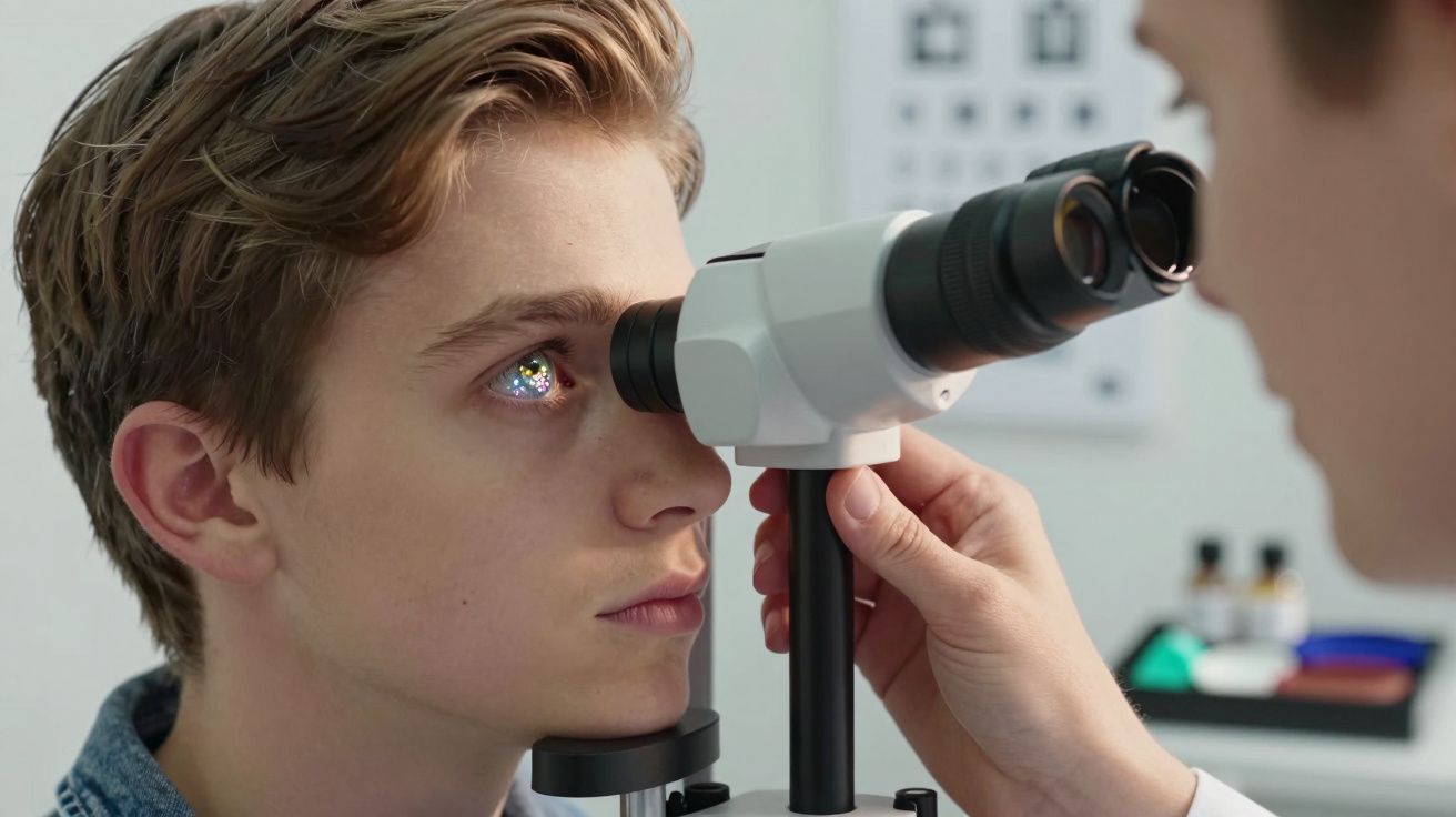 Rapaz a realizar exame oftalmológico com equipamento de visão, acompanhado por profissional de saúde.