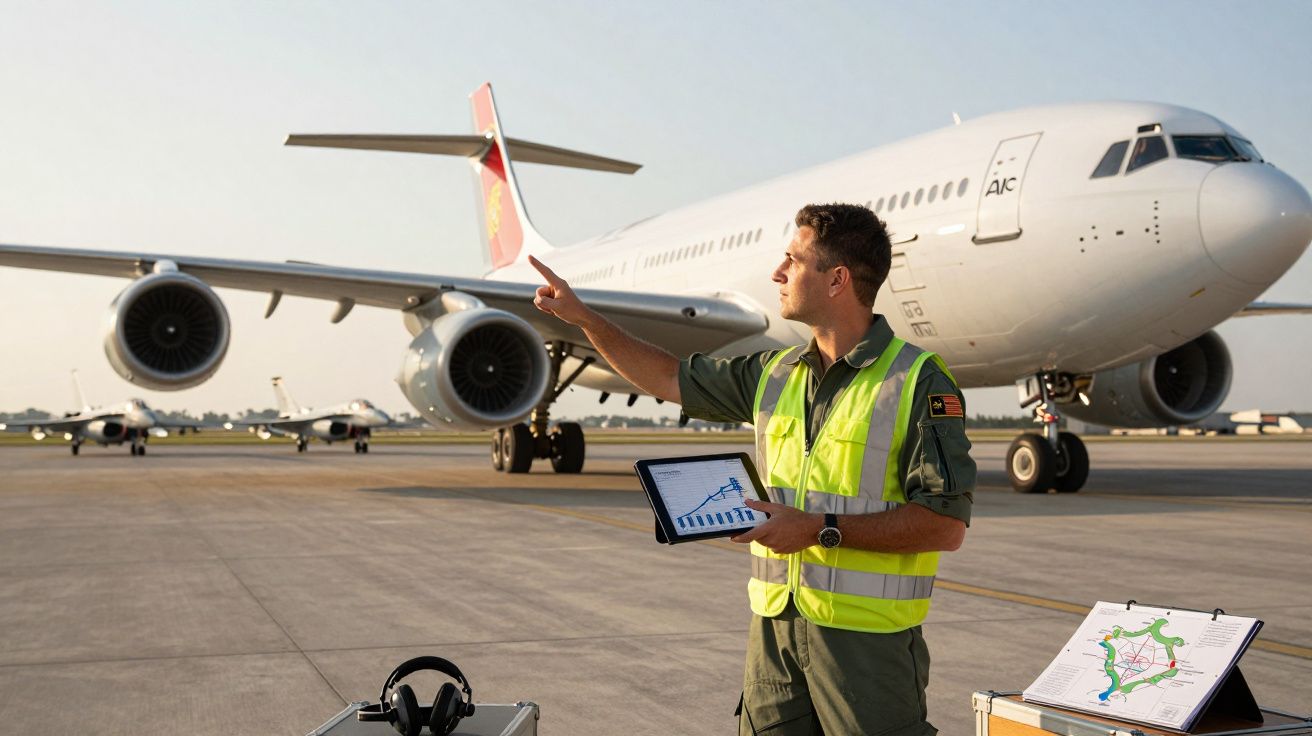 Homem com colete refletor controla operação de avião branco estacionado numa pista de aeroporto ao amanhecer.