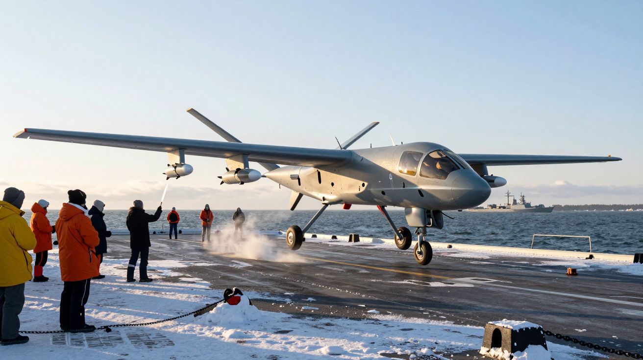 Avião militar a descolar de um porta-aviões rodeado por pessoas com casacos na neve.