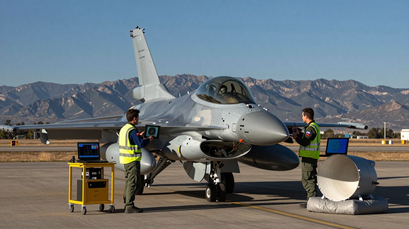 Dois técnicos em coletes refletores inspecionam um caça militar estacionado numa pista com montanhas ao fundo.