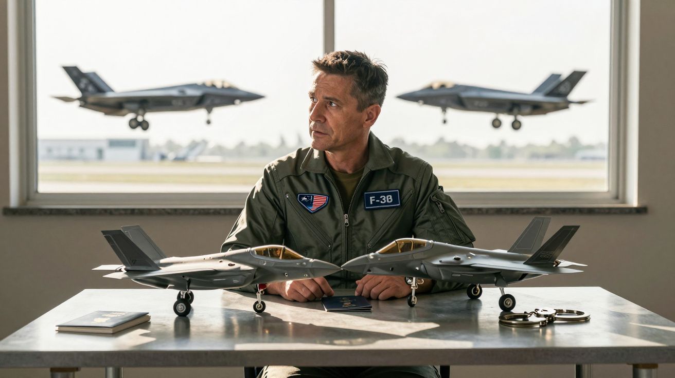 Piloto militar com fatos de voo sentado à mesa com dois modelos de caças F-35, com aviões a voar ao fundo.