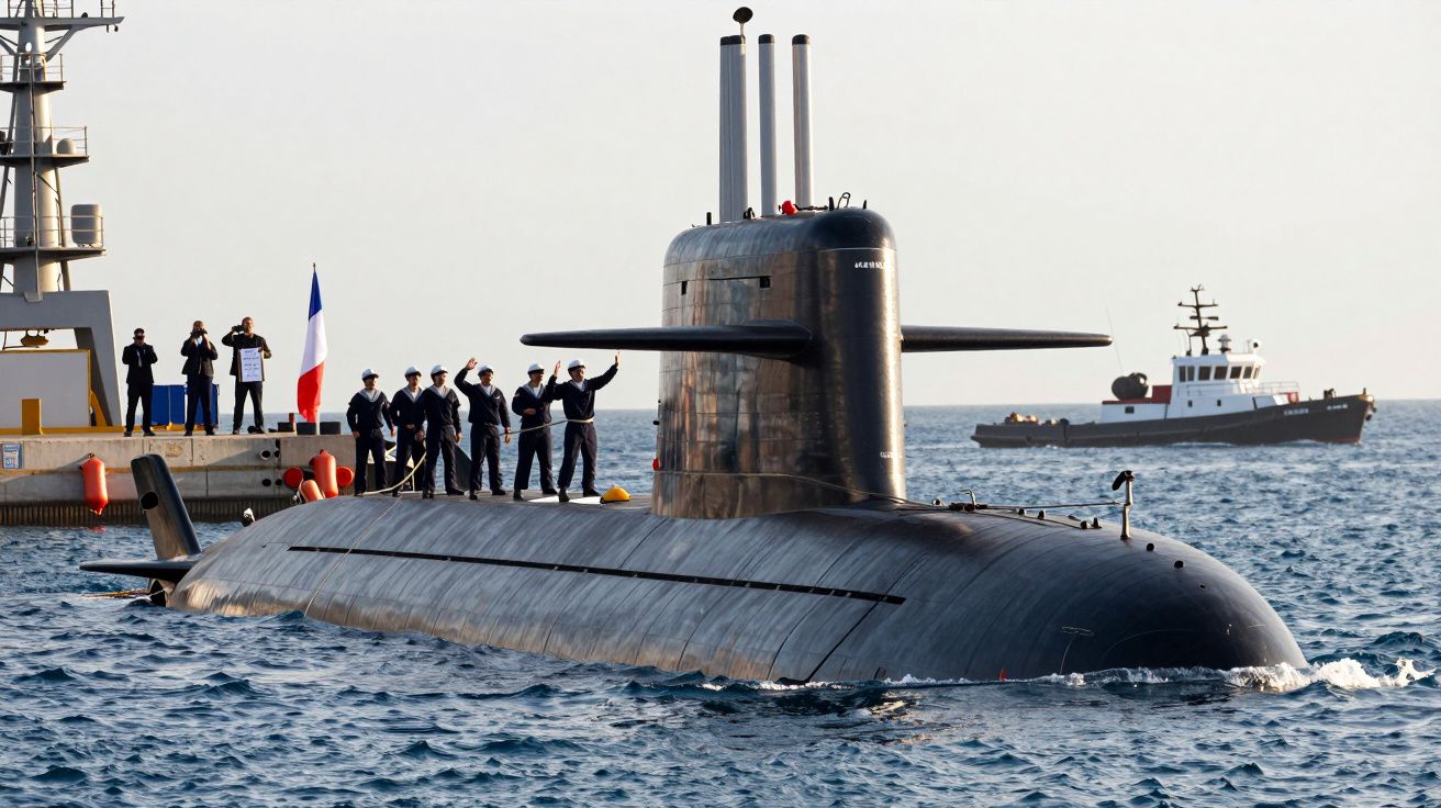 Submarino militar com tripulantes a bordo a navegar junto a cais com pessoas e bandeira francesa.
