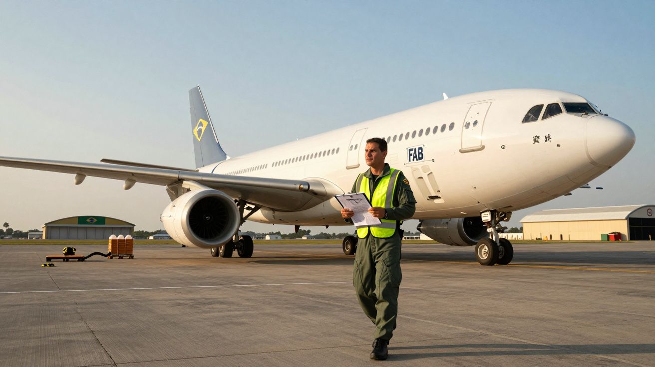 Homem em uniforme com colete refletor caminha próximo a um avião branco estacionado num aeroporto.