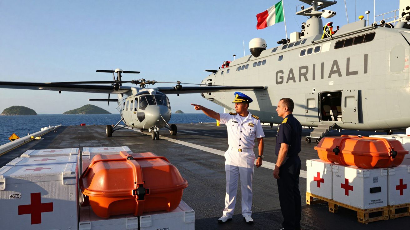 Dois militares no convés de um navio militar com caixas de emergência e helicóptero ao fundo.