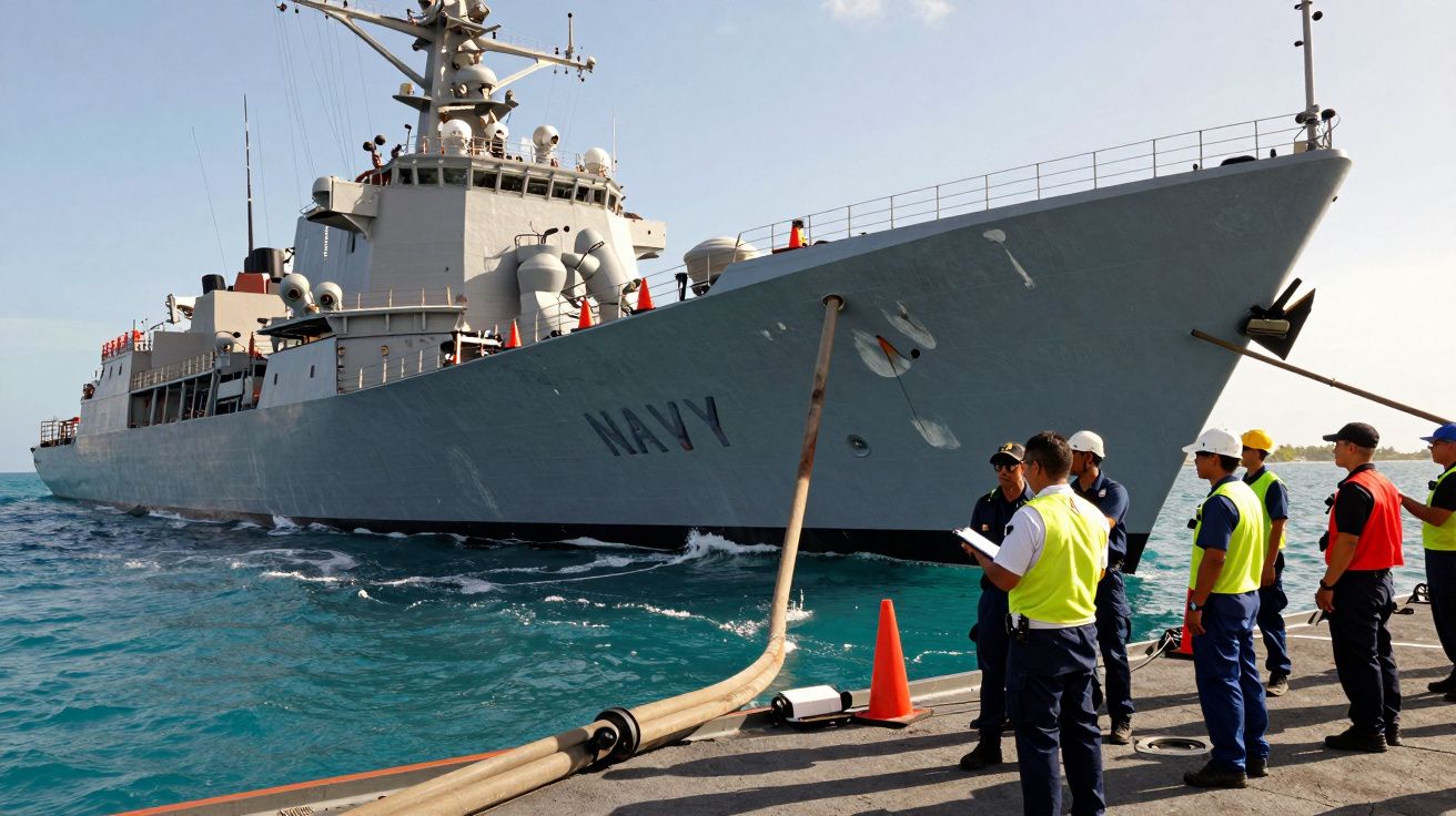 Navio militar cinzento atracado ao cais com tripulação a bordo e pessoal em terra a observar.