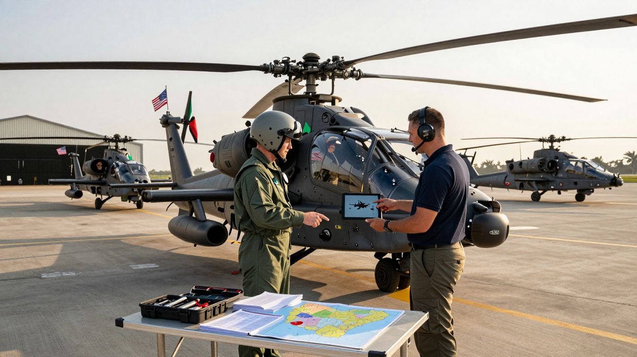 Piloto e técnico conversam junto a helicóptero militar estacionado numa pista com mapas e documentos numa mesa.