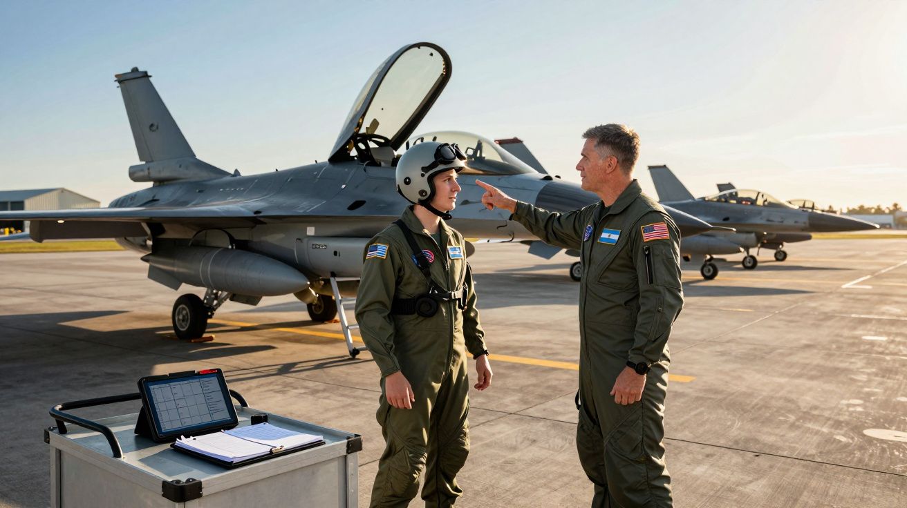 Dois pilotos militares em fato de voo verde junto a jatos de combate estacionados na pista.