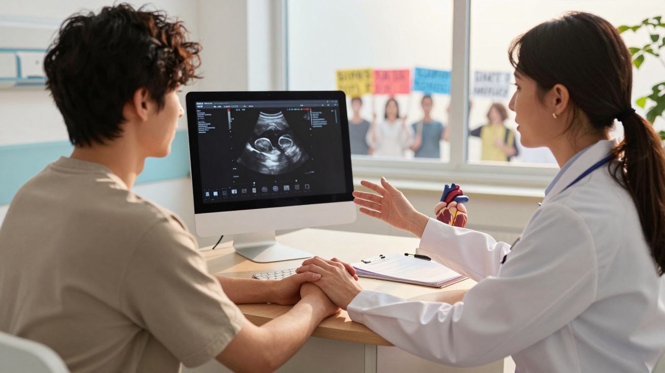 Mulher médica mostra ecografia de gêmeos a paciente masculino numa consulta num consultório moderno.