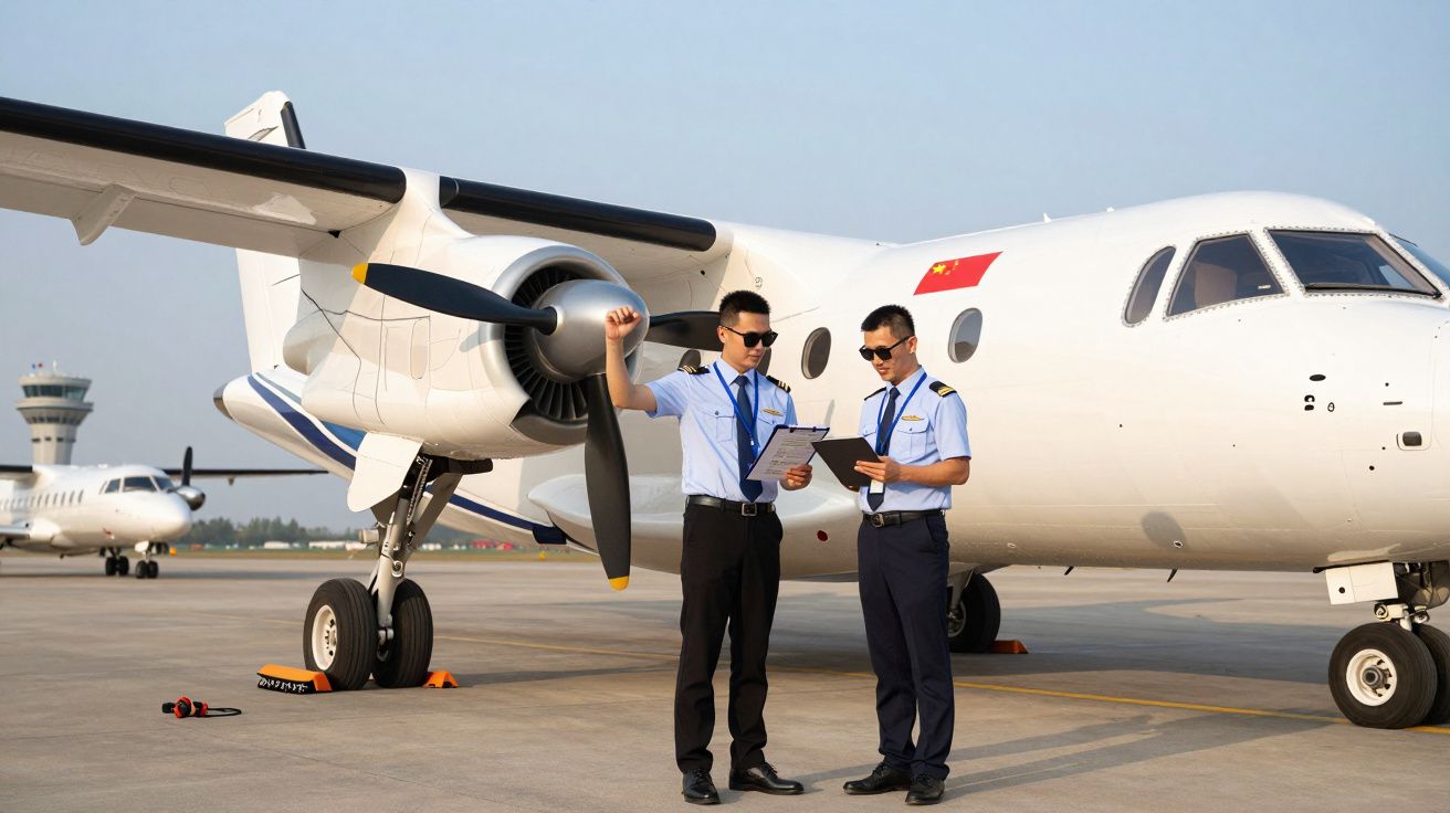 Dois pilotos em uniforme e óculos escuros verificam documentos ao lado de pequena aeronave branca num aeroporto.
