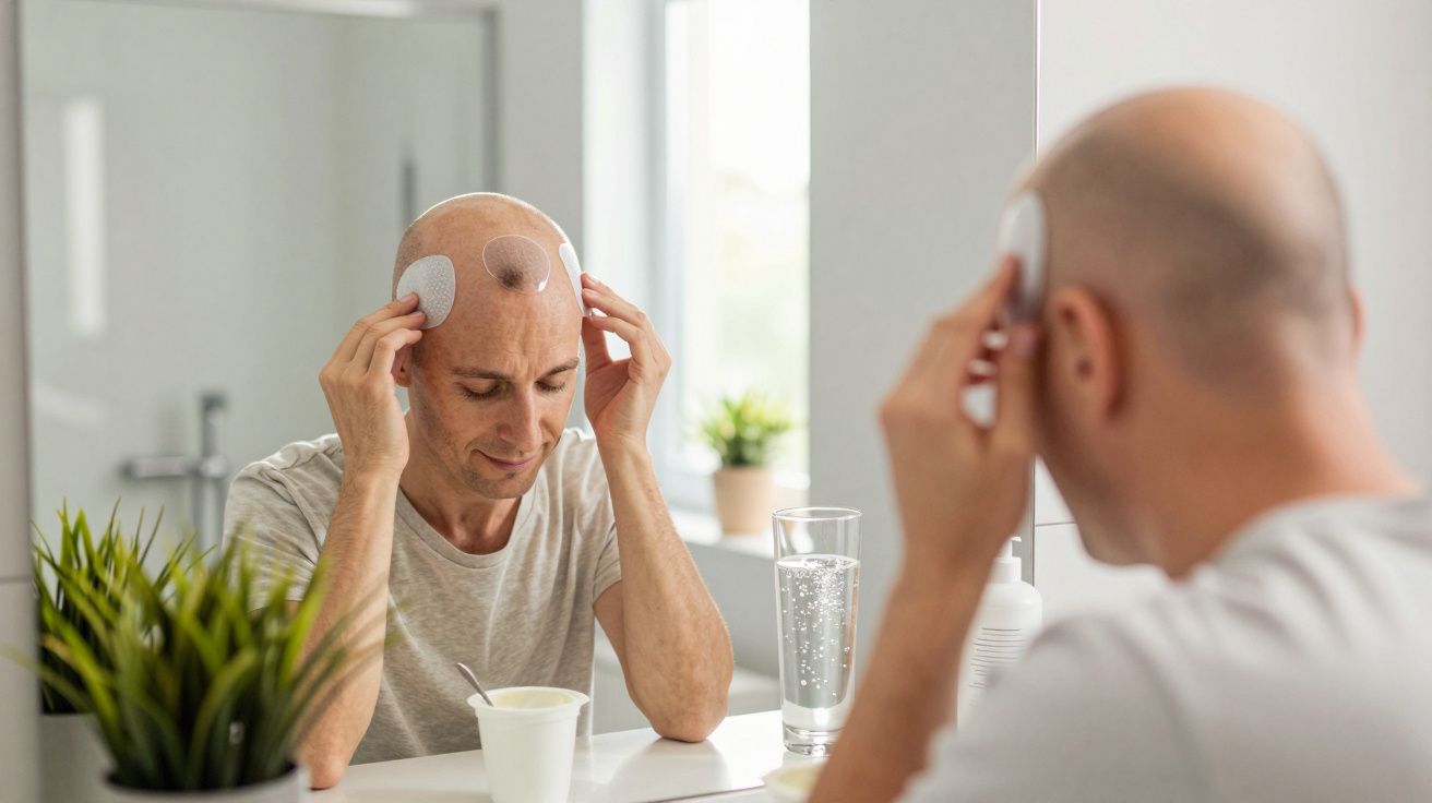 Homem calvo a colocar almofadas adesivas na cabeça junto a uma mesa com copo e recipiente.