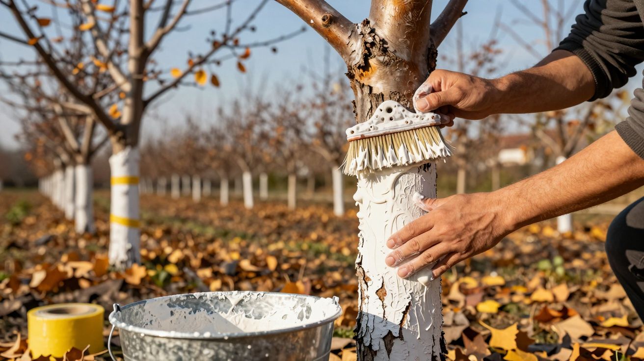 Pessoa a pintar tronco de árvore com tinta branca no campo durante outono.