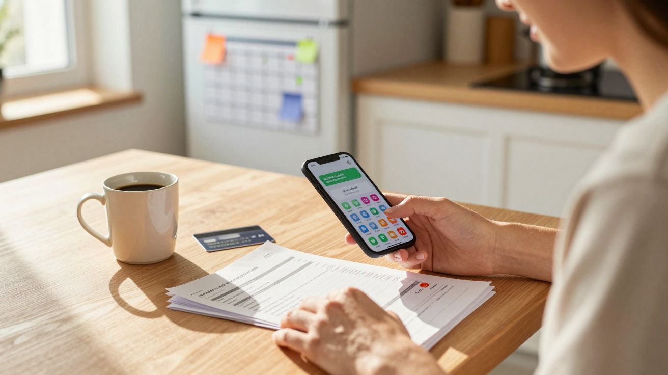 Pessoa a consultar finanças no telemóvel com documentos e cartão de crédito numa mesa de madeira com uma chávena de café.