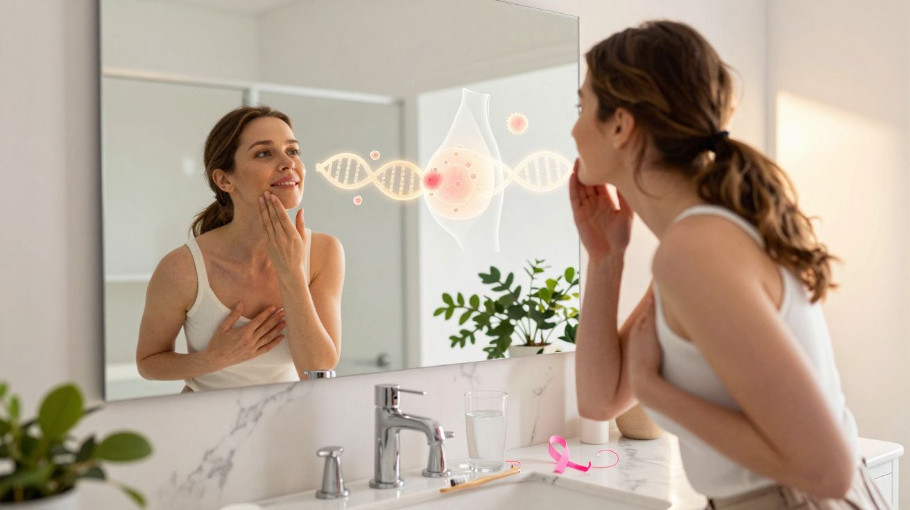 Mulher no espelho a examinar o peito com ilustração digital de ADN e células, fita rosa, simbolizando prevenção do cancro.