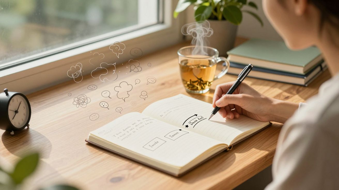 Pessoa a escrever num caderno junto a uma janela, com chá e desenhos de ideias no ar.