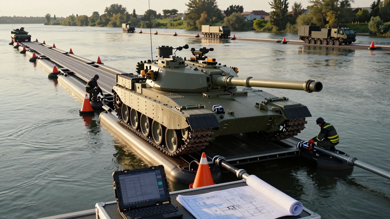 Tanque militar sobre ponte flutuante durante exercício de travessia em rio, com soldados a operar.