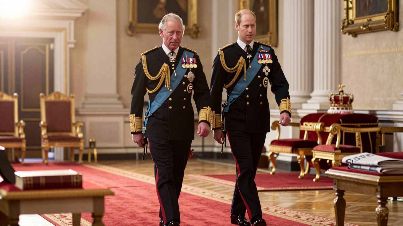 Dois homens em uniforme militar formal caminham numa sala luxuosa com tapetes vermelhos e cadeiras douradas.