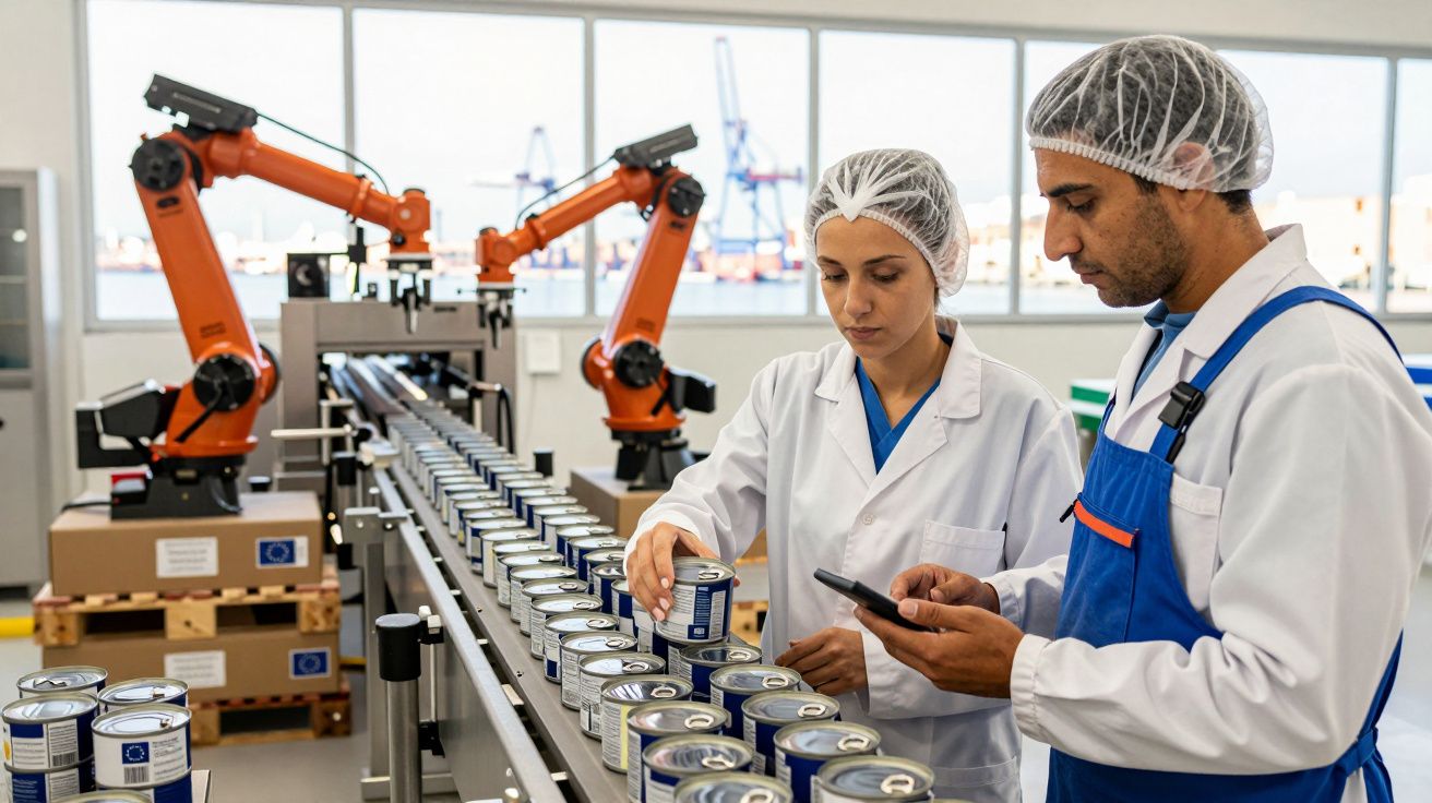 Trabalhadores com touca em fábrica a inspecionar latas numa linha de produção automatizada com braços robóticos.