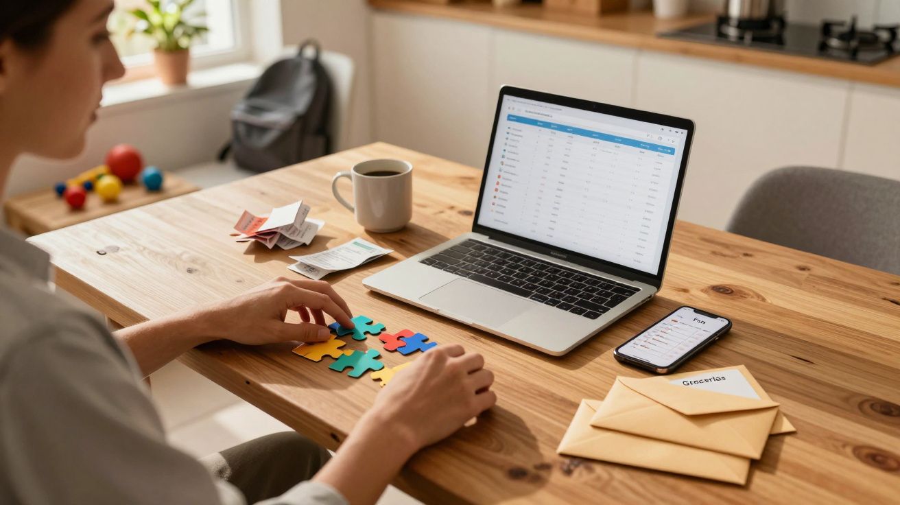 Pessoa sentada a montar peças de puzzle coloridas numa mesa com portátil, telemóvel, chávena e envelopes.