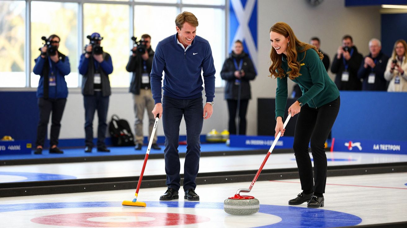 Casal a jogar curling em pista coberta, com espectadores e fotógrafos ao fundo.