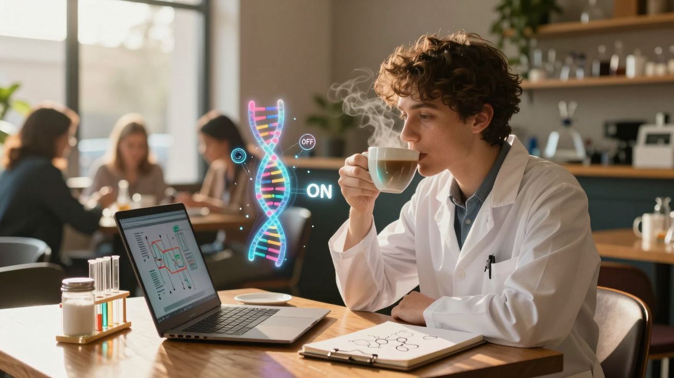 Jovem cientista em bata branca bebe café junto a computador com gráfico e moléculas num ambiente de café.