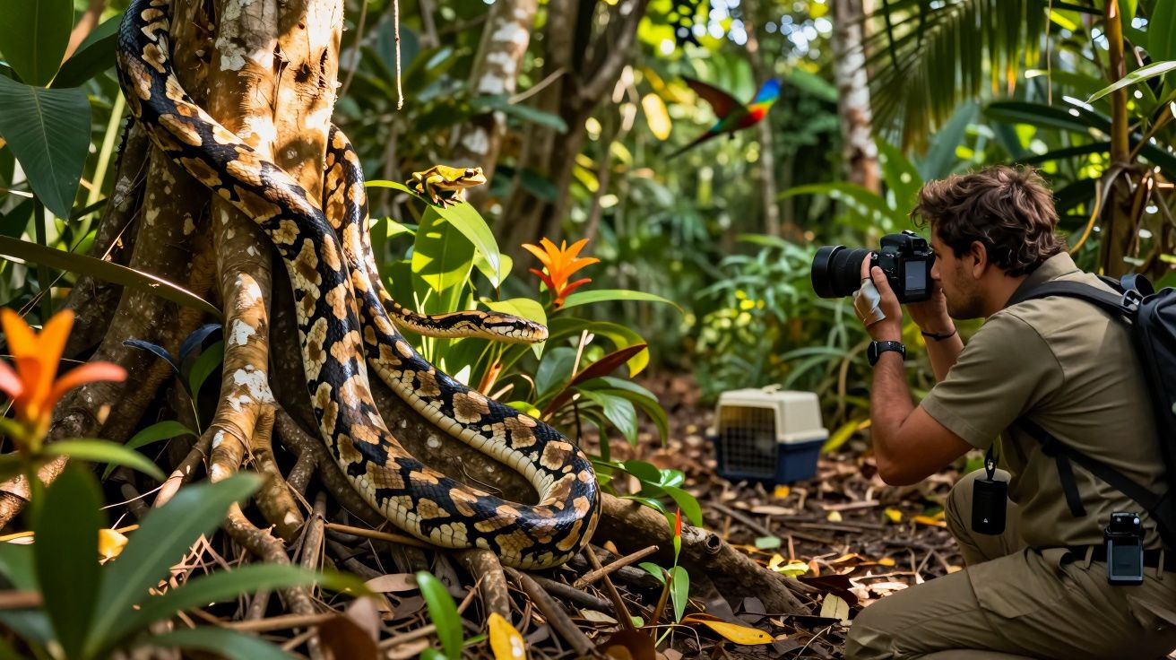 Homem fotografa uma grande cobra enrolada nas raízes de uma árvore numa floresta tropical.