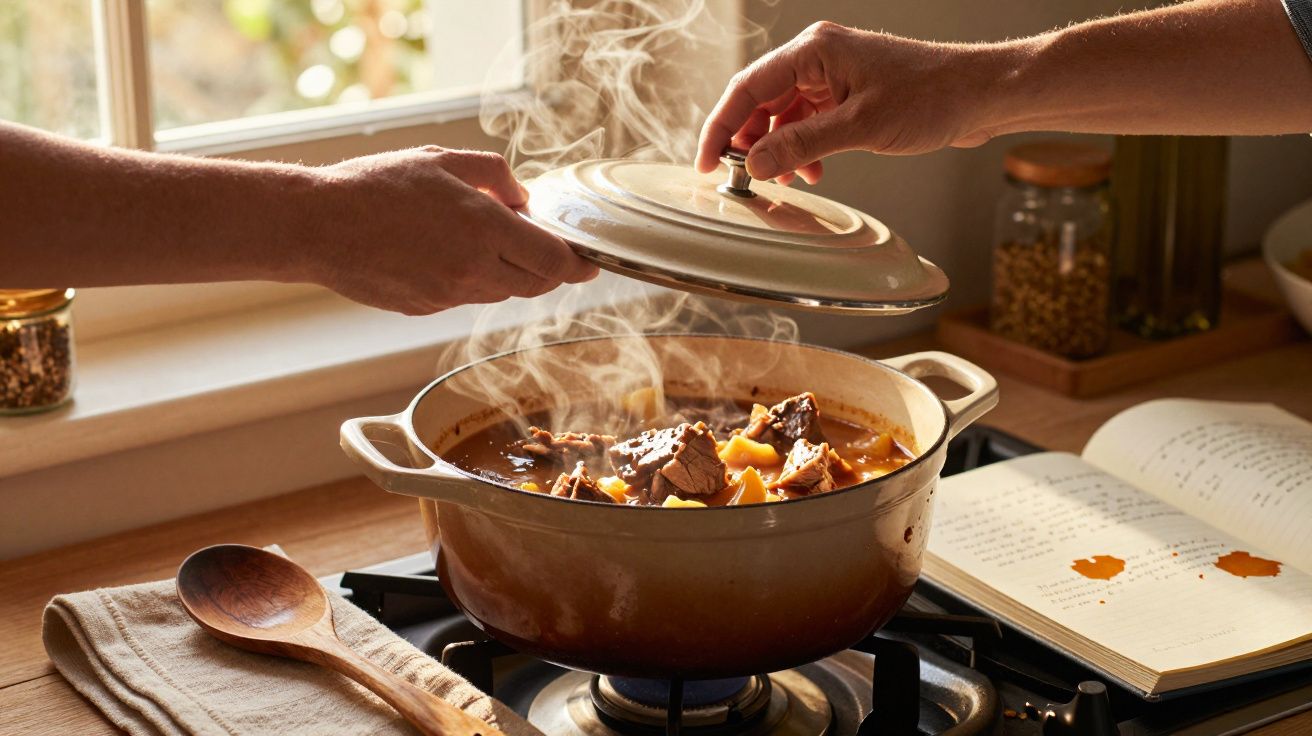 Panela com guisado quente a ser aberta na cozinha, com livro de receitas e colher de madeira ao lado.