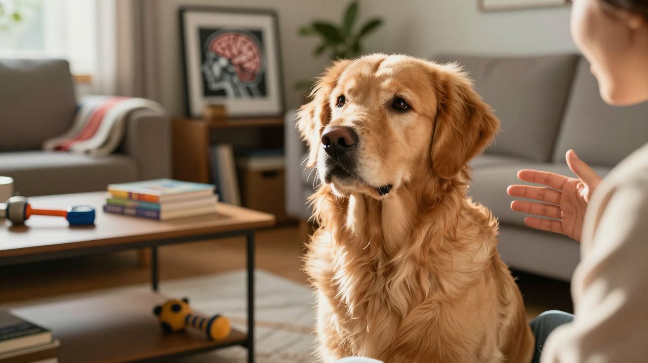 Cão golden retriever sentado em sala de estar fixando a pessoa que está à sua frente.