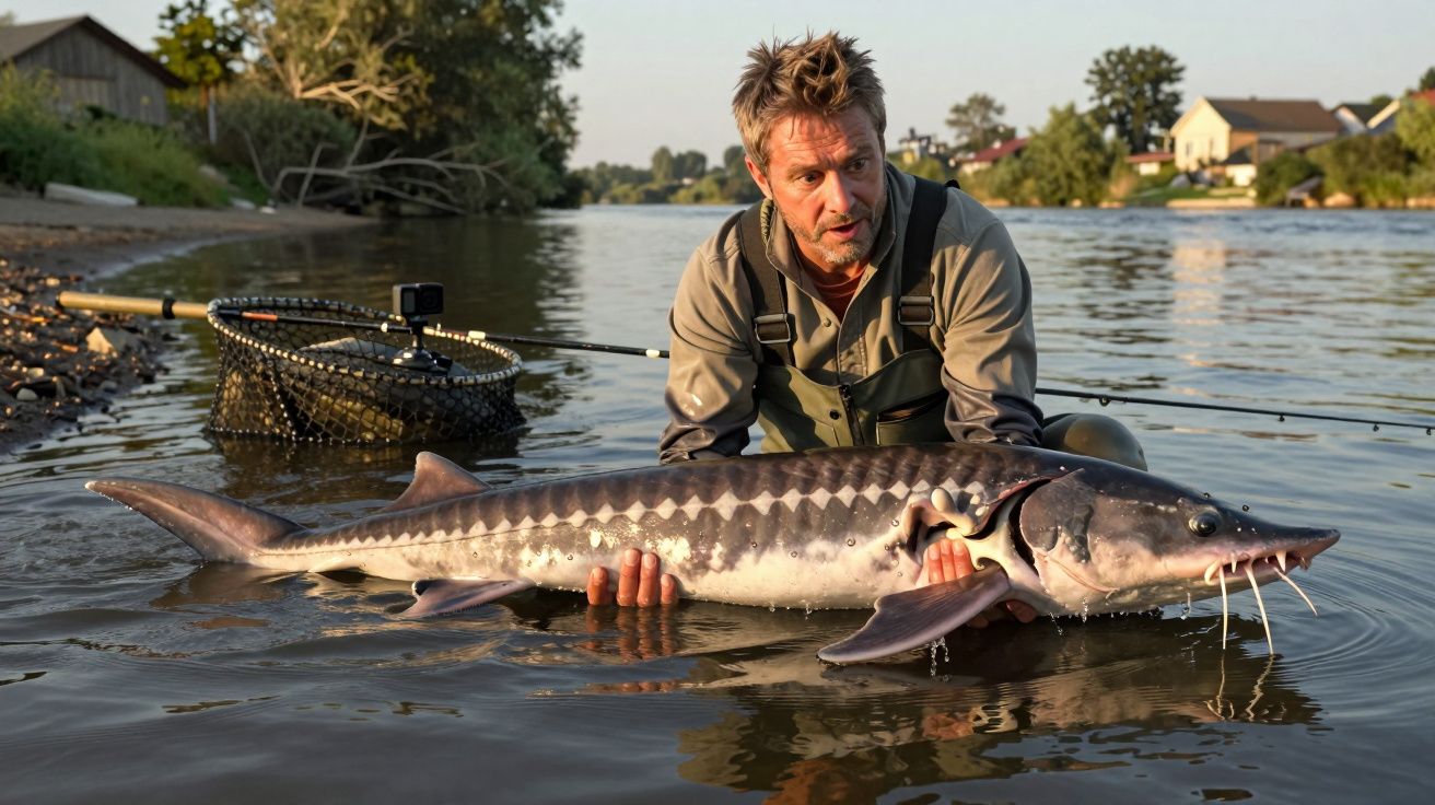 Homem em água segura peixe espadarte grande durante pesca com rede e cana ao fundo.