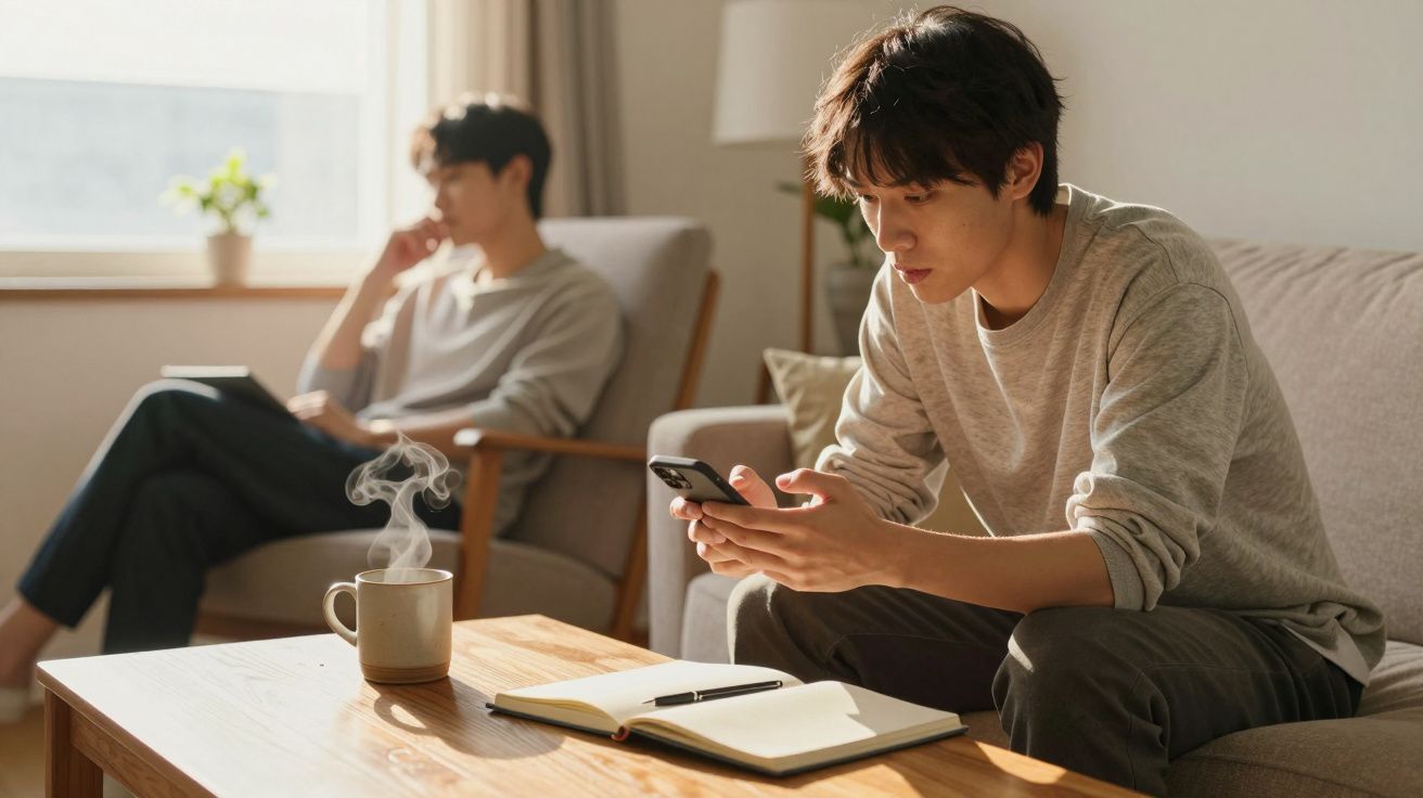 Dois homens sentados na sala, um usa telemóvel e o outro está num sofá ao fundo, com uma chávena fumegante em cima da mesa.