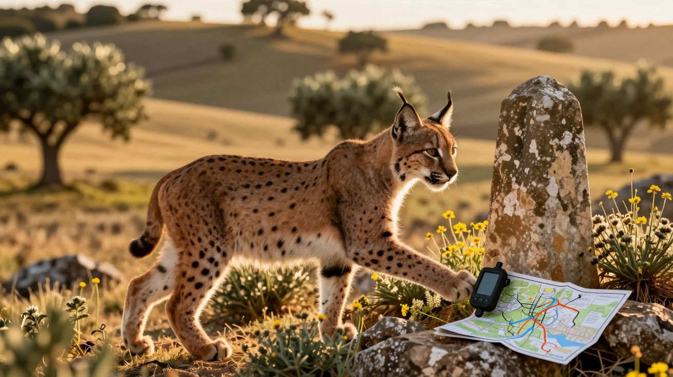 Lince ibérico junto a pedra, com mapa e GPS num campo seco ao amanhecer.