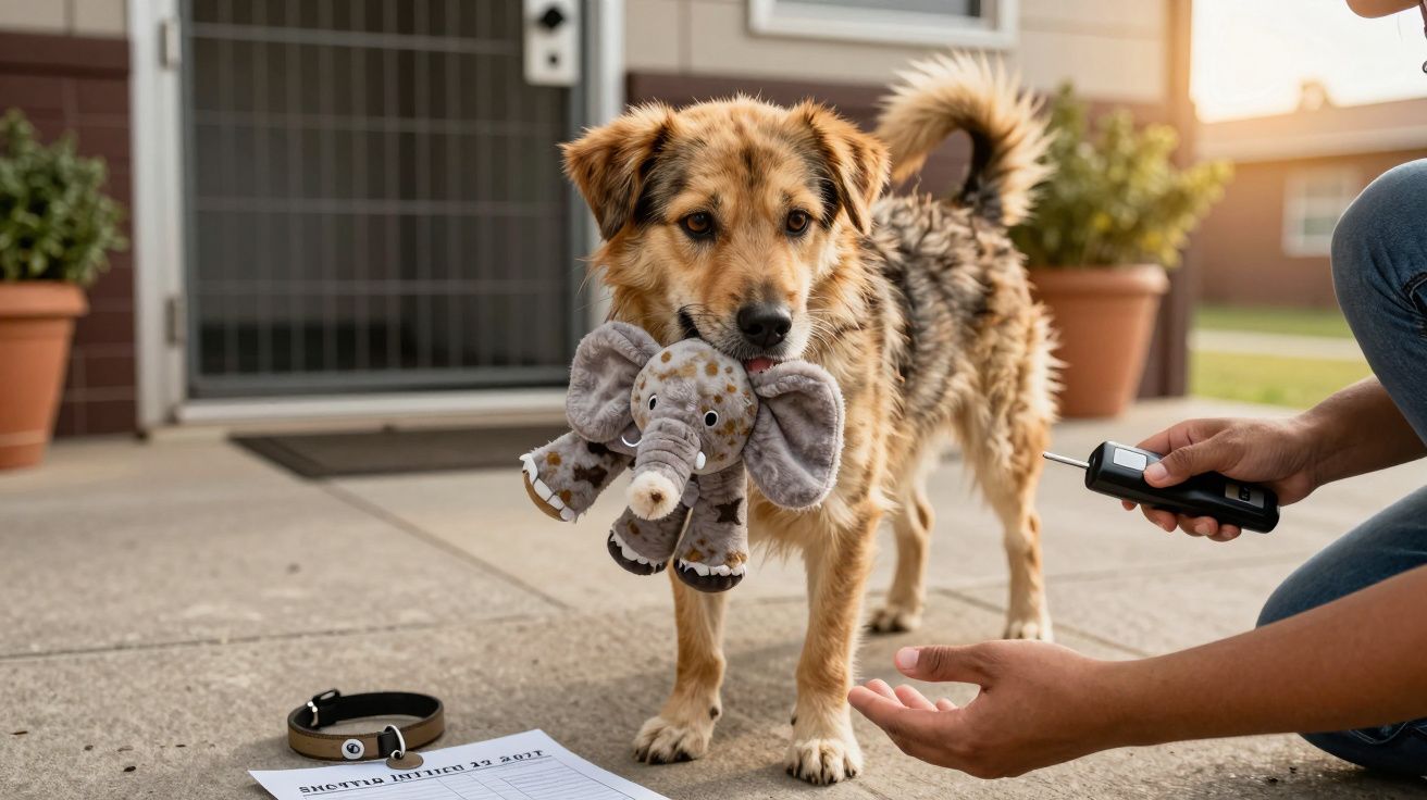 Cão a segurar brinquedo de elefante na boca durante treino num pátio exterior com treinador.