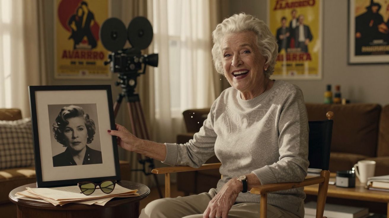 Mulher idosa sorridente sentada, segurando uma fotografia a preto e branco de uma mulher mais jovem.
