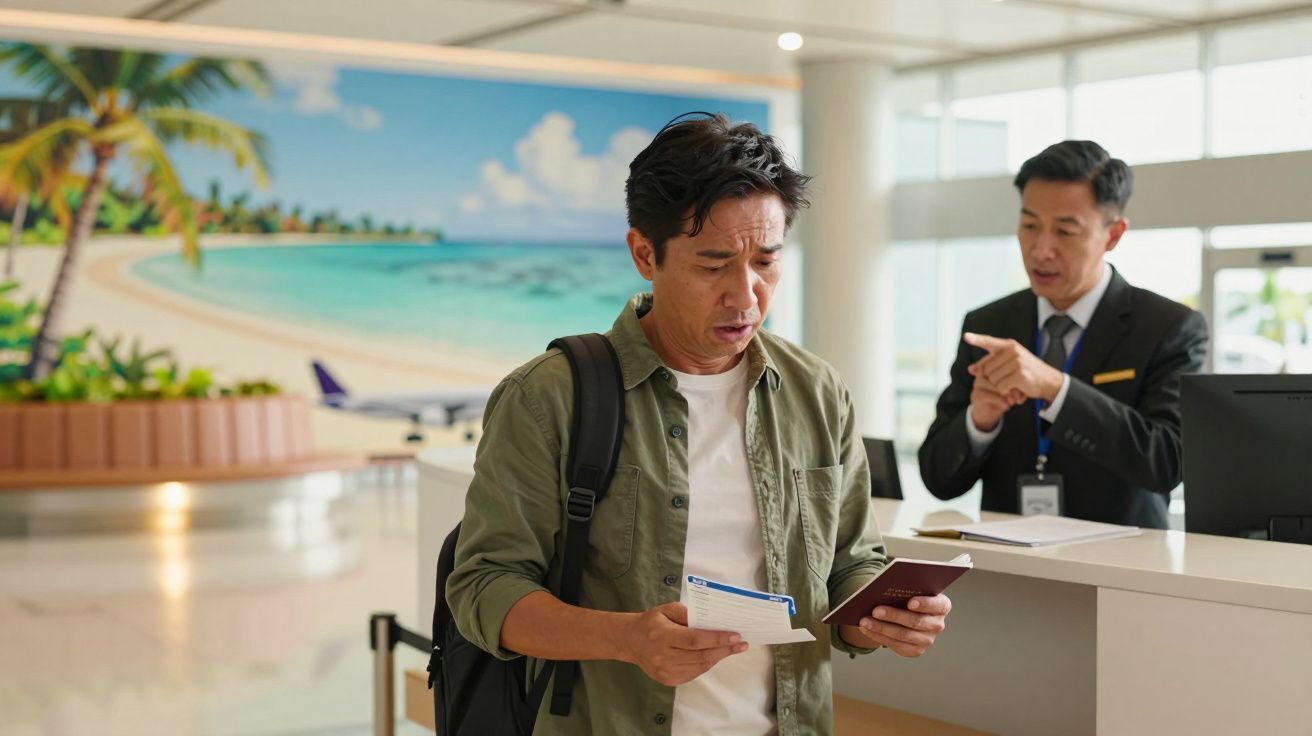 Homem preocupado com passaporte e bilhete na mão, atendimento em balcão de aeroporto ao fundo.