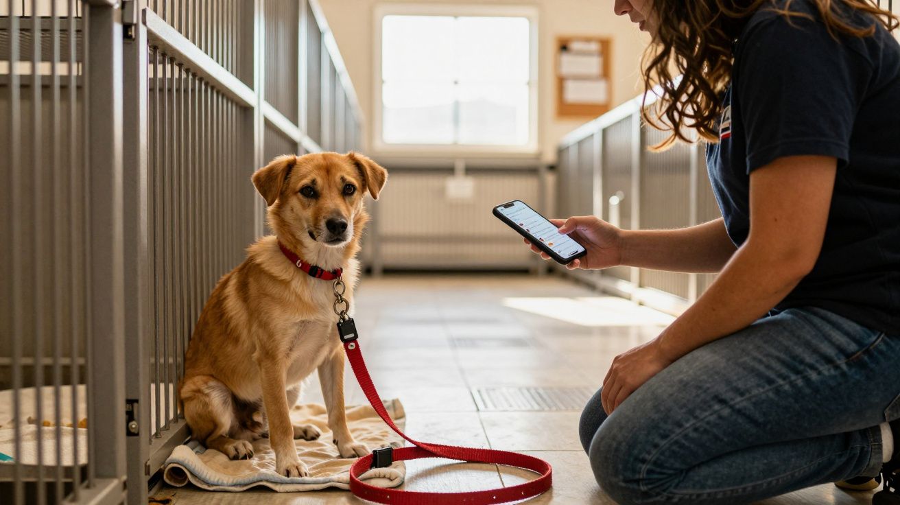 Cão castanho com trela vermelha sentado num abrigo, ao lado de pessoa de cabelo encaracolado com telemóvel na mão.